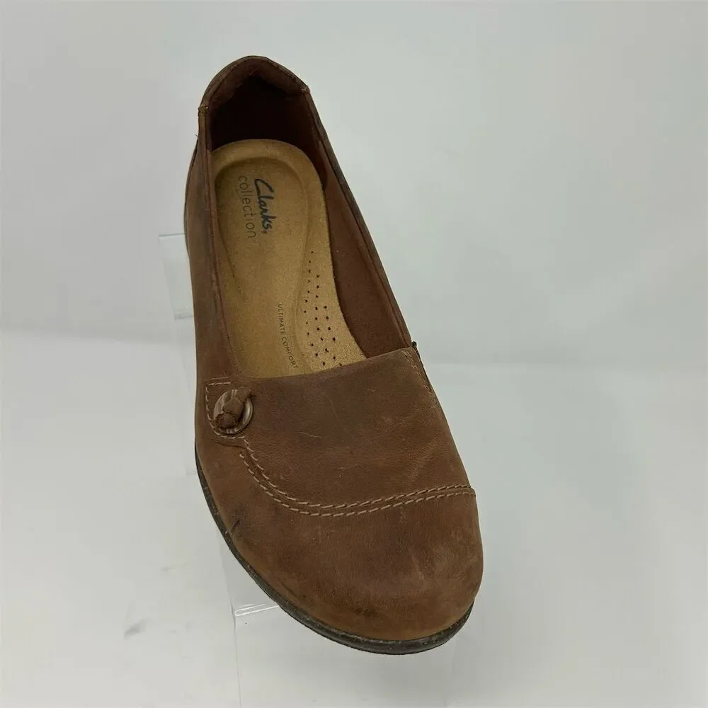 Clarks Women's Roseville Sky Brown Leather Slip-On Loafers Size 10 Wide Comfort